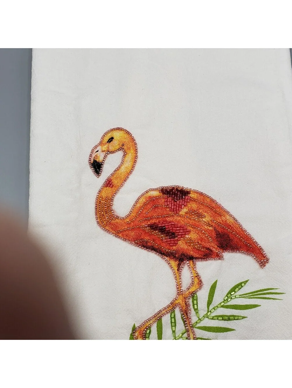 Pier 1 Flamingo Cotton Tea Towel Beaded Accents Velvet Ribbon Trim NWOT